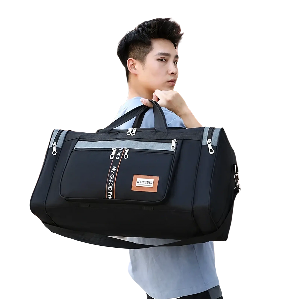 Large capacity travel duffle bag for men in black with gray accents, silver zippers, front pocket, orange-striped strap, and brown leather patch