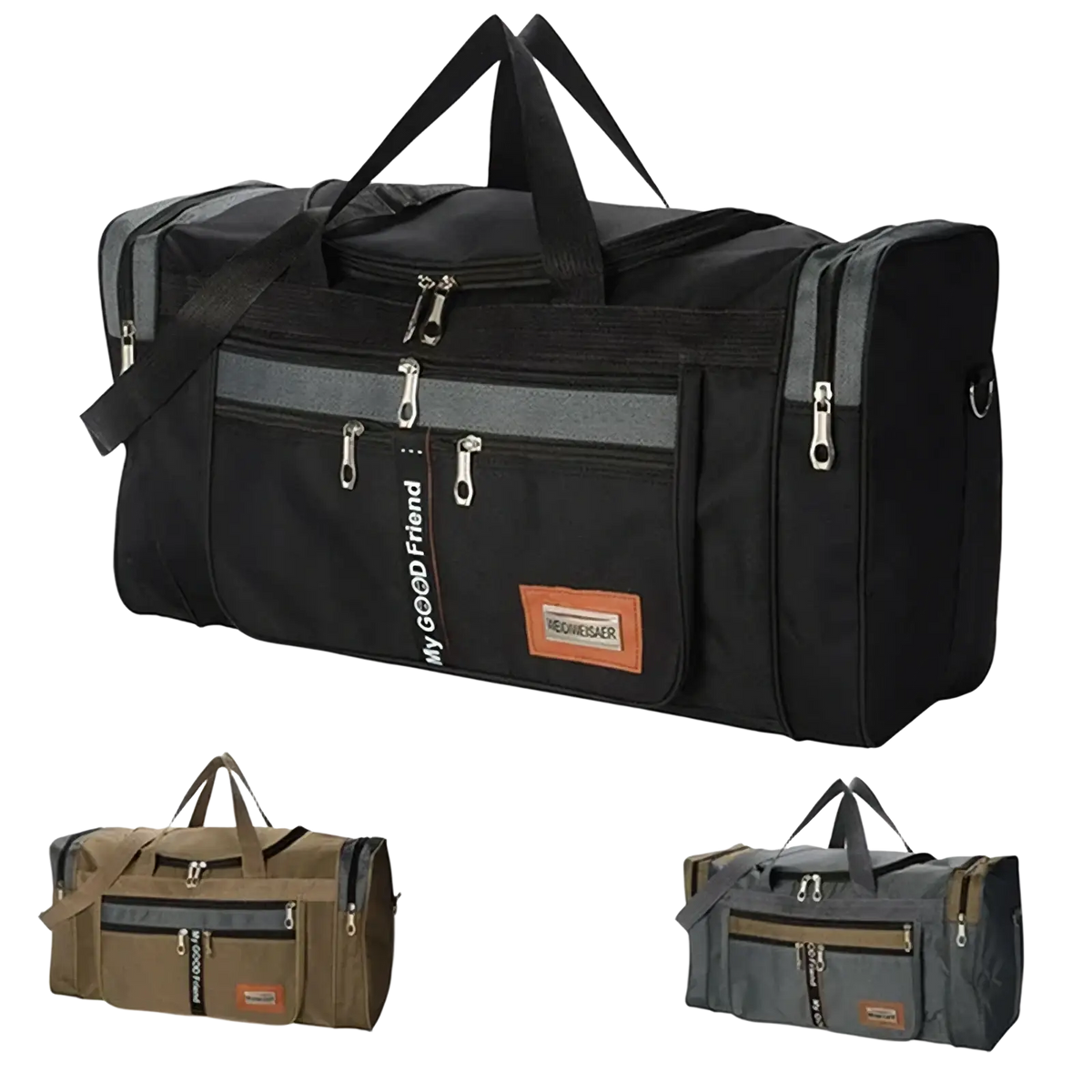 Large capacity travel duffle bag for men in black with gray accents silver zippers and a my good friend label on front pocket