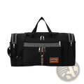 Large capacity travel duffle bag for men in black with gray accents silver zippers and brown leather-like patch on front