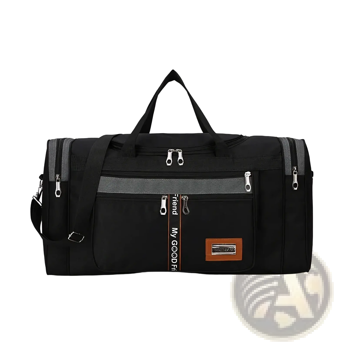 Large capacity travel duffle bag for men in black with gray accents silver zippers and brown leather-like patch on front