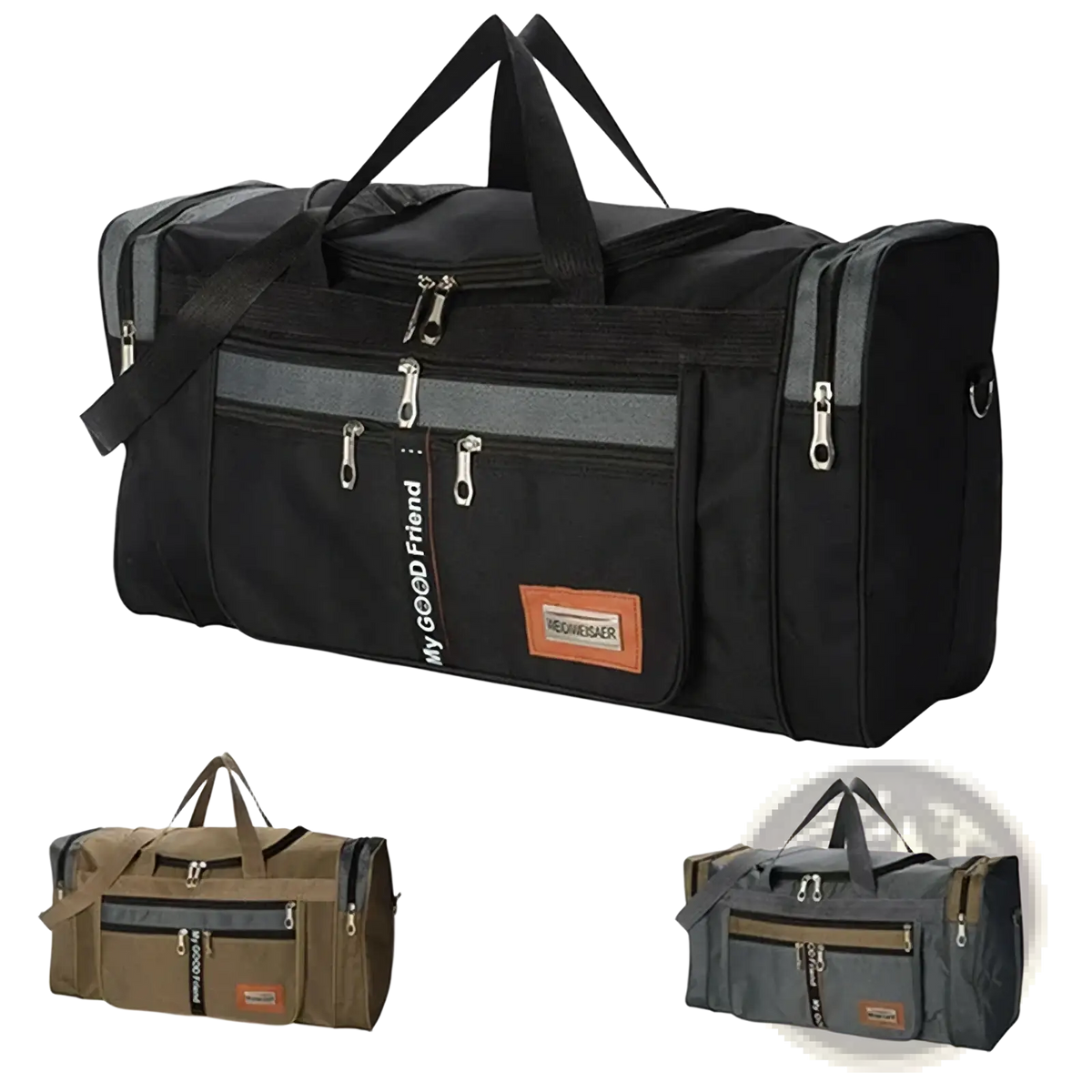 Large capacity travel duffle bag for men in black with gray accents silver zippers and a my good friend label on front pocket