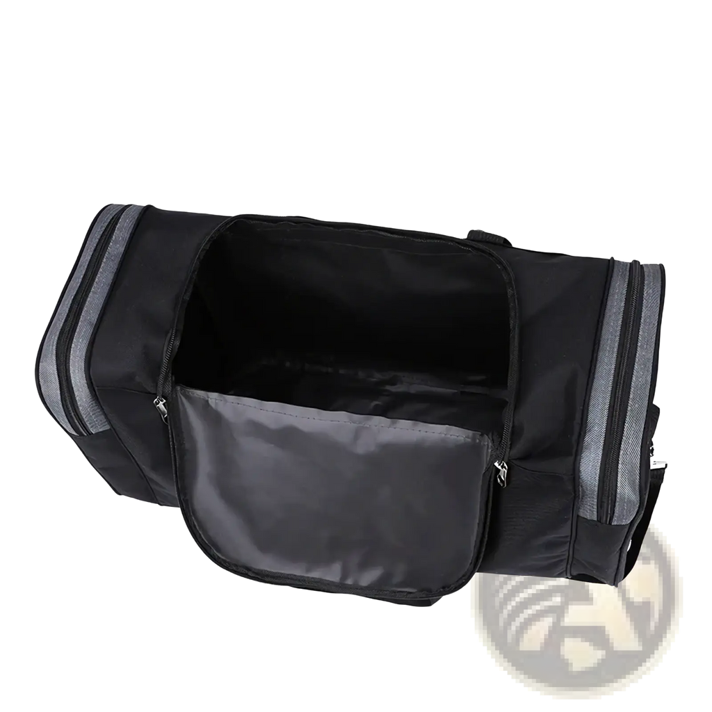 Large capacity travel duffle bag for men in black with gray reflective stripes and a zippered front pocket