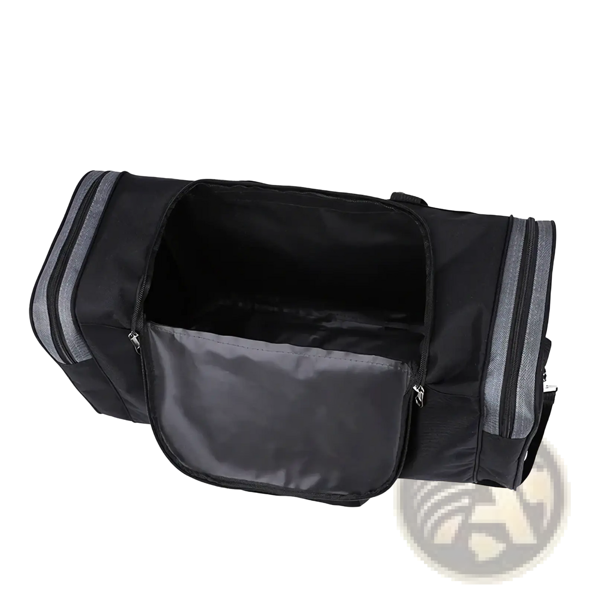 Large capacity travel duffle bag for men in black with gray reflective stripes and a zippered front pocket