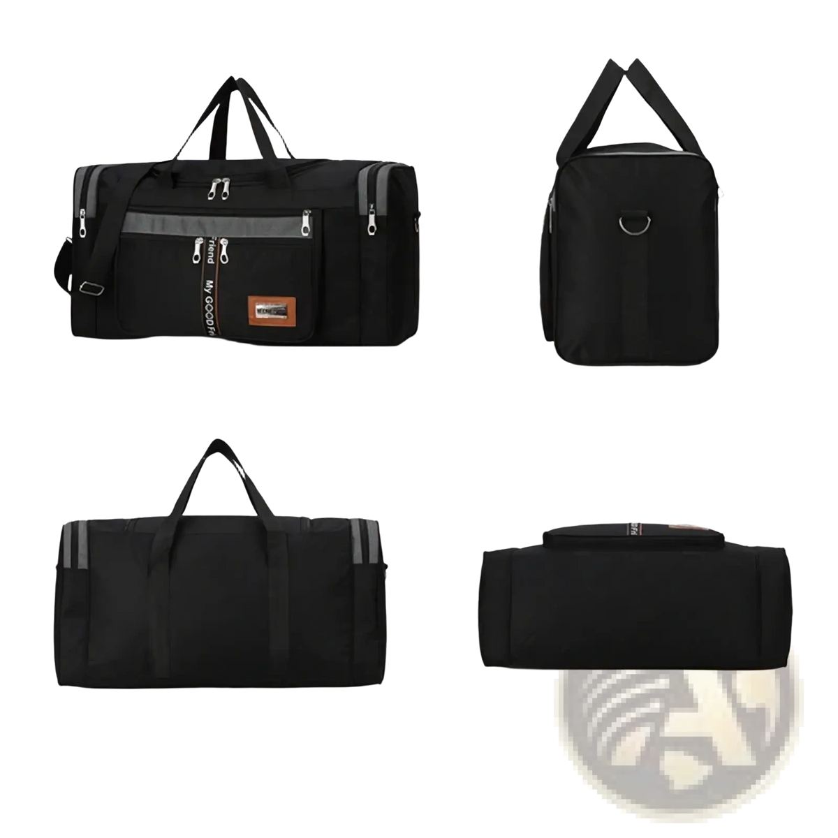 Large capacity travel duffle bag for men in black nylon with gray zipper pulls and brown leather patch