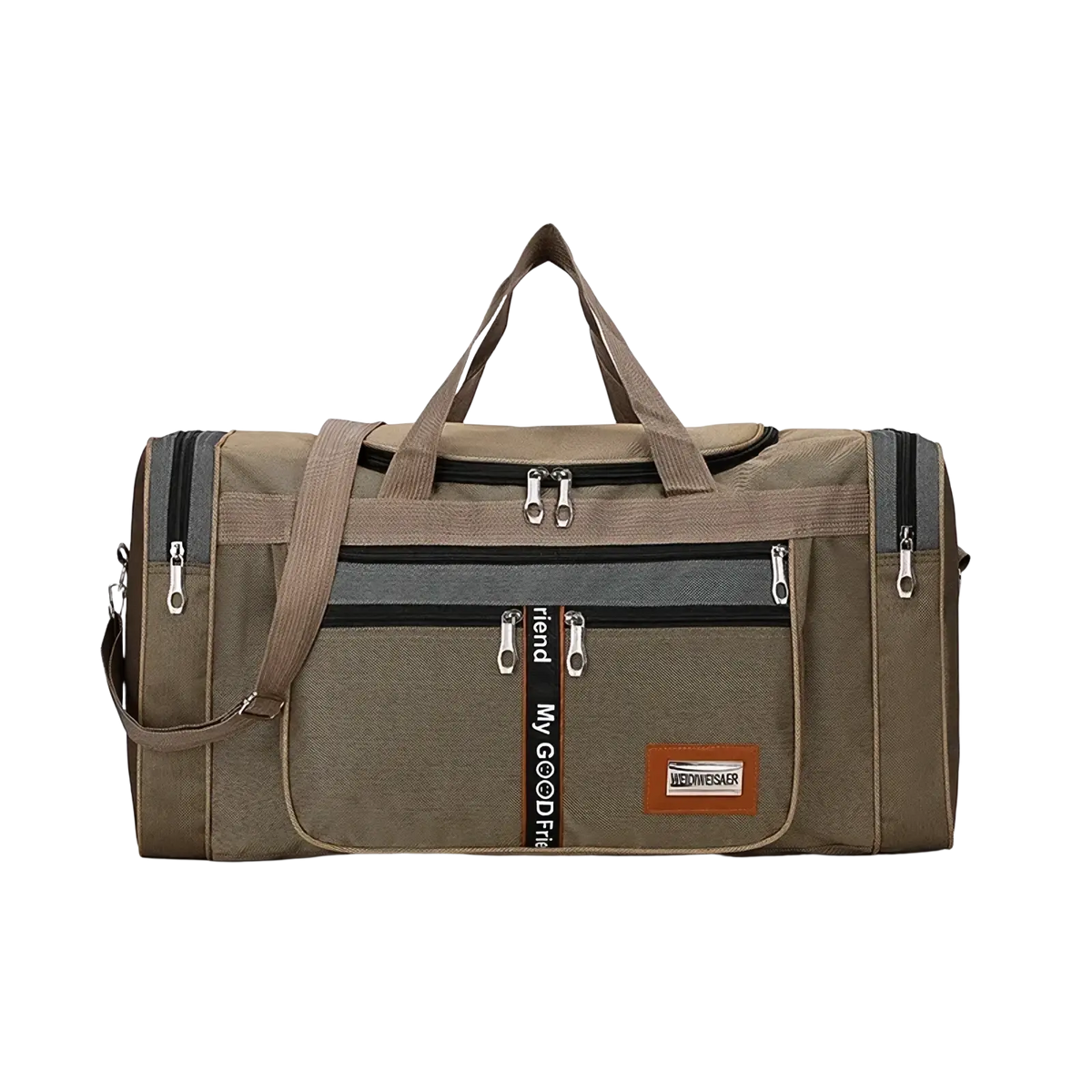Large capacity travel duffle bag for men in olive green canvas with gray accents silver zippers and brown leather patch