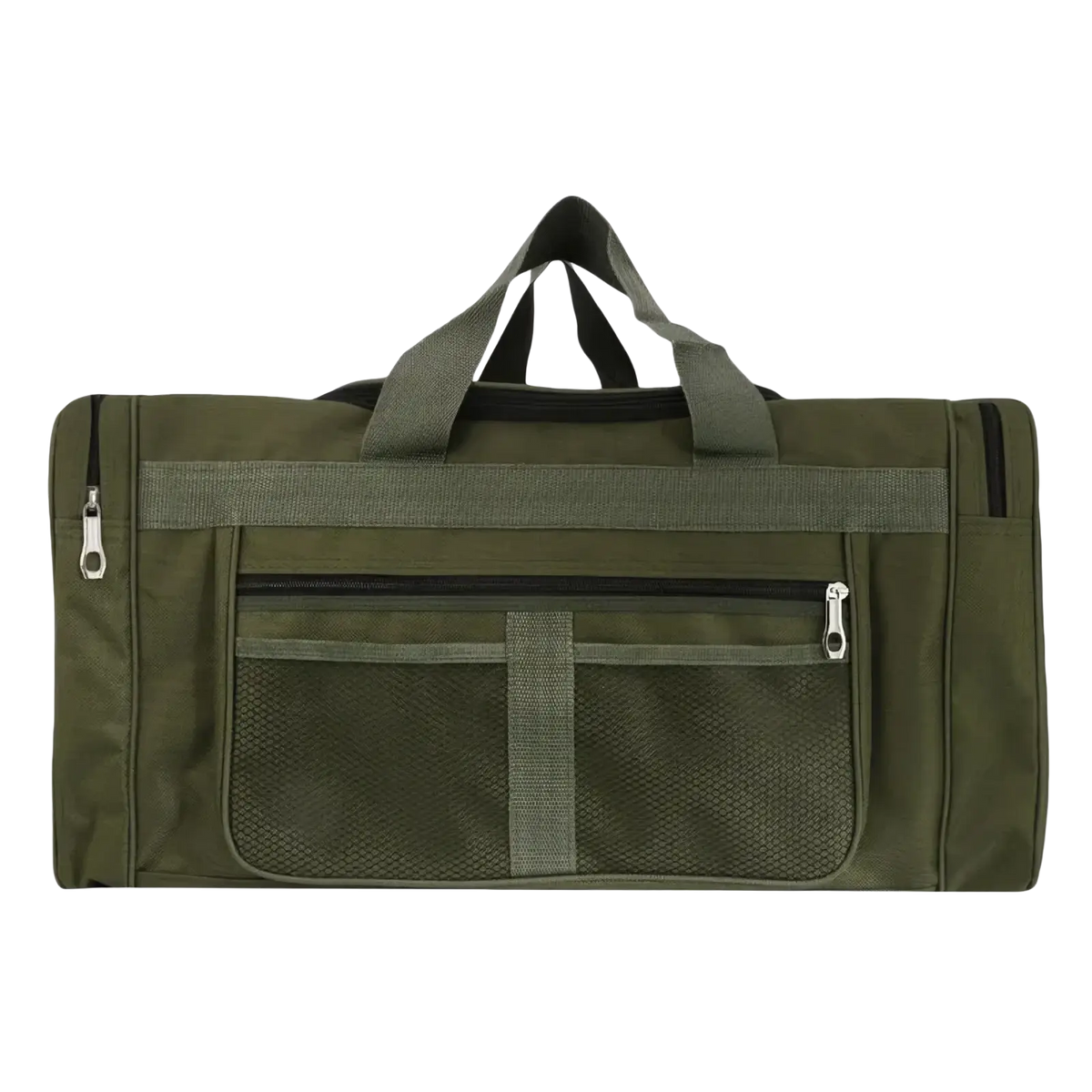Olive green fabric large capacity travel duffle bag for men with mesh side pockets and sturdy handles