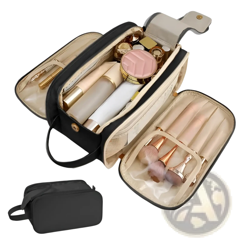 Black large capacity waterproof pu leather travel makeup bag with beige interior compartments and detachable handle