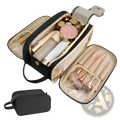 Black large capacity waterproof pu leather travel makeup bag with beige interior compartments and detachable handle