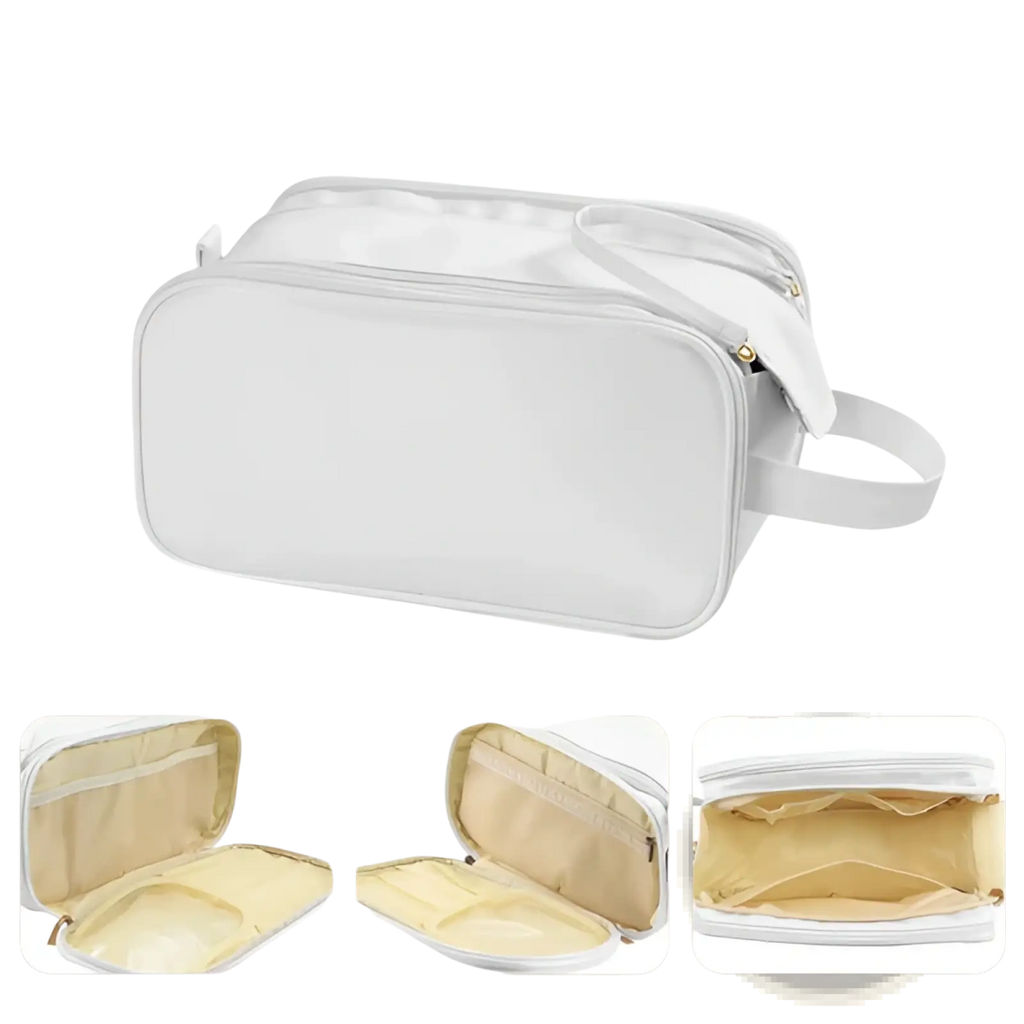 White large capacity waterproof pu leather travel makeup bag with soft exterior and beige interior lining