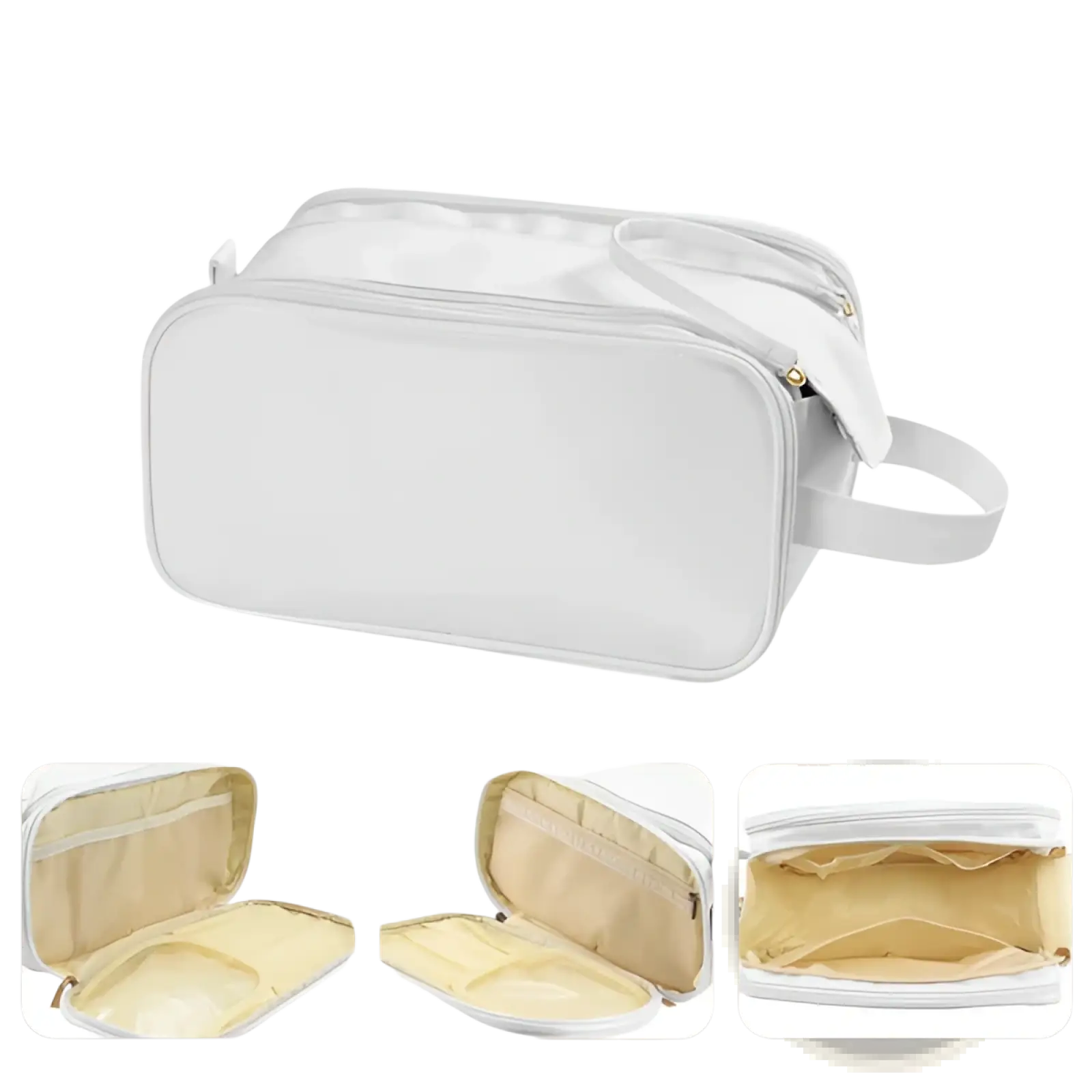 White large capacity waterproof pu leather travel makeup bag with soft exterior and beige interior lining