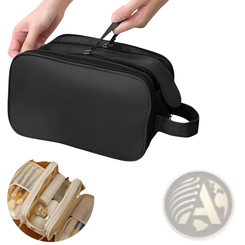 Black nylon toiletry bag with dual zippers and top handle large capacity waterproof pu leather travel makeup bag