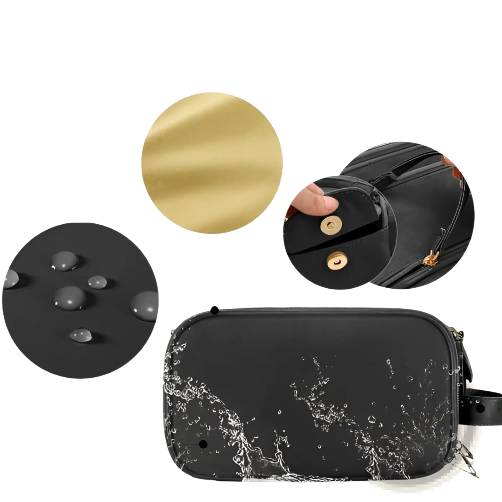 Black quick-dry water-resistant pu leather crossbody bag with gold-tone hardware and nylon lining for travel makeup storage