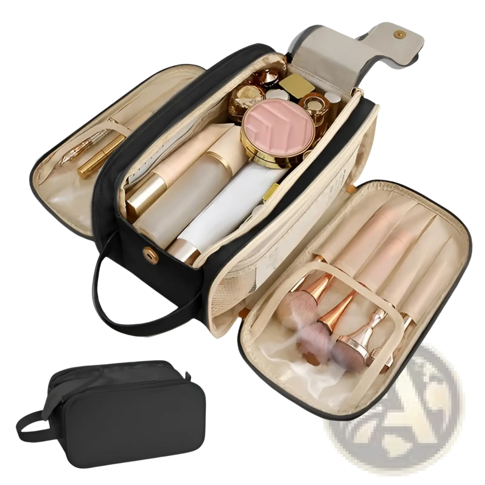Black waterproof pu leather travel makeup bag with large capacity beige interior and detachable handle for organization