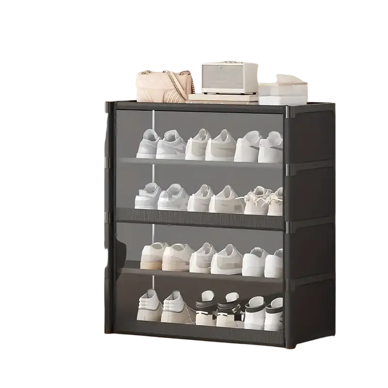 Black five-tier shoe cabinet with transparent doors and sleek modern design for organized shoe storage