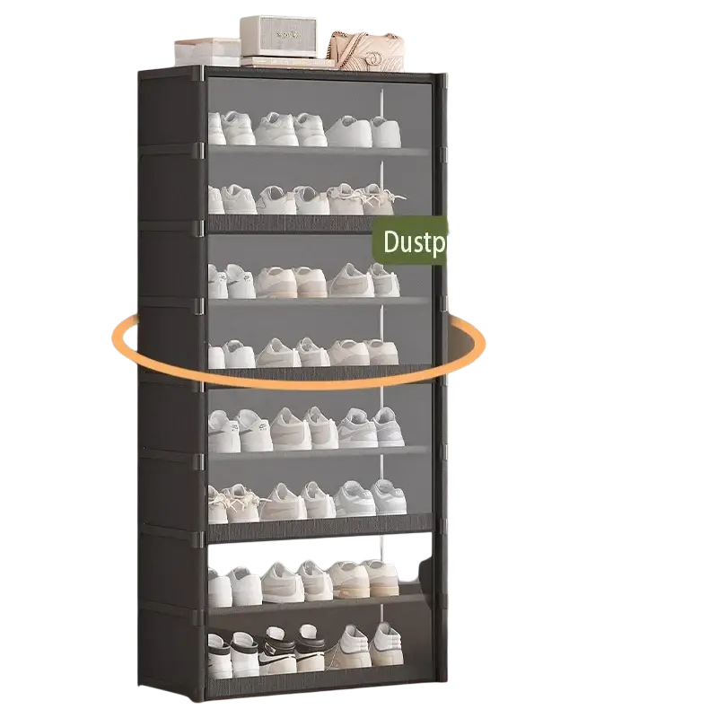 Black multi-tiered shoe cabinet with transparent front panels and dustproof cover for organized shoe storage
