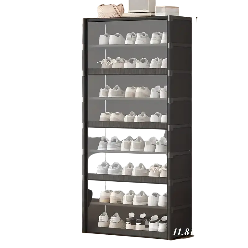 Black multi-tiered shoe cabinet with transparent front panels and adjustable shelves for organized shoe storage