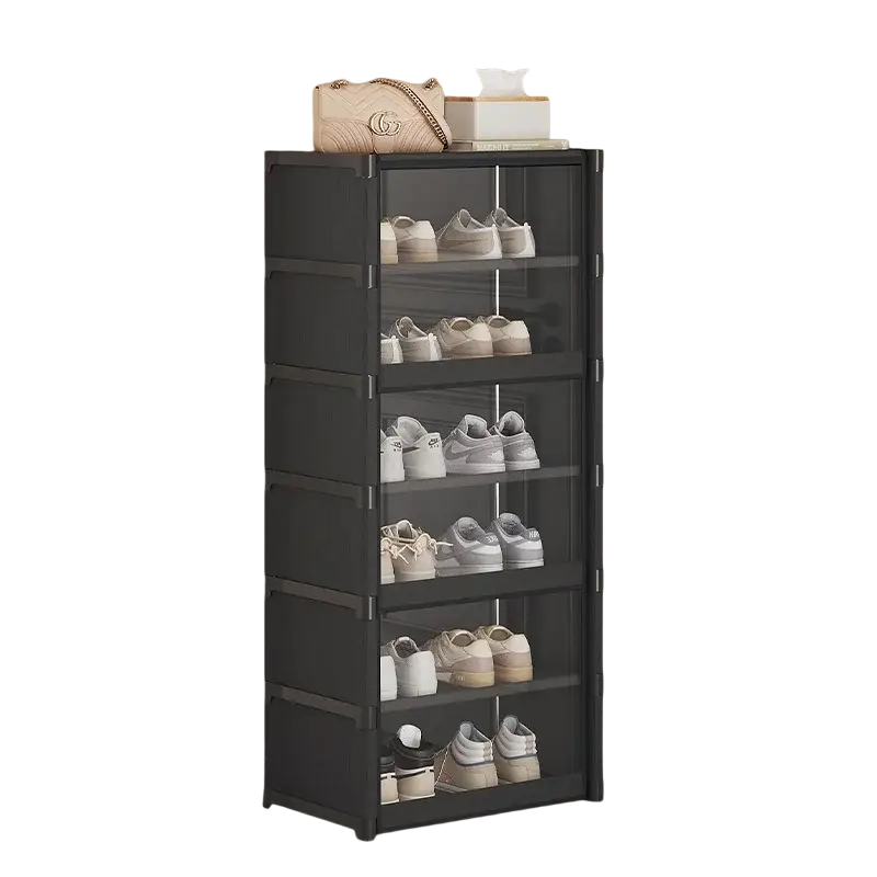 Black multi-tiered shoe cabinet with clear glass doors and modern design large shoe rack for organized storage