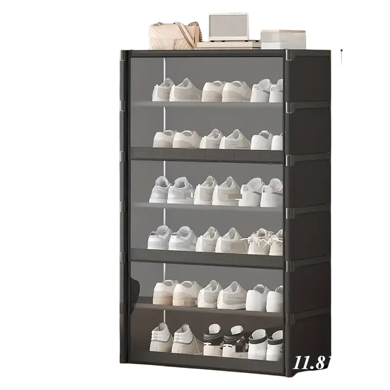 Black seven-tier shoe rack with transparent front panels large clear door shoe cabinet for organized storage