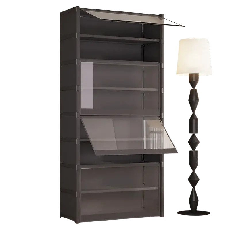 Modern dark gray modular shoe cabinet with glass doors and flip-up top shelf for organized shoe storage