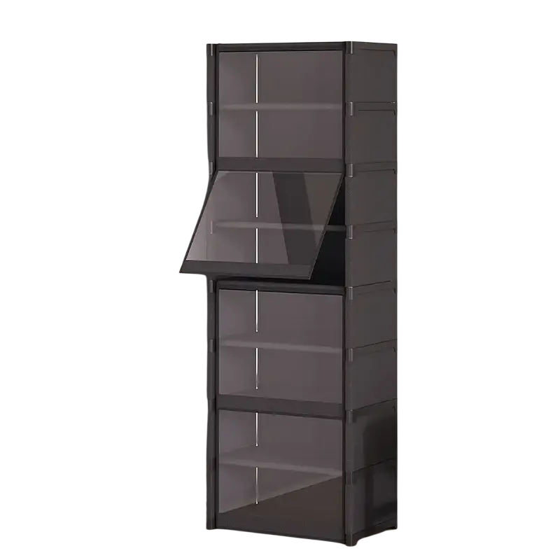 Stackable black plastic shoe cabinet with translucent gray glass doors and hinged top door revealing interior shelves
