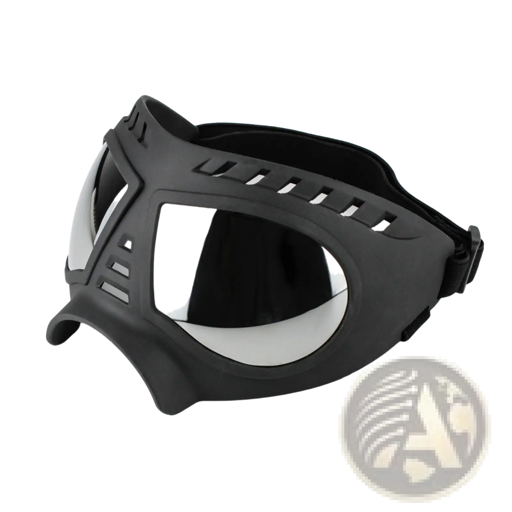 Large dog goggles with black matte finish and mirrored lenses offering uv protection and windproof ski eyewear