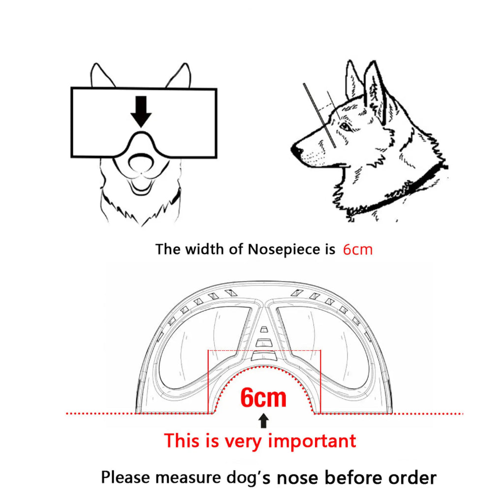 Line art of a 6cm wide nosepiece for large dog goggles with uv protection and windproof ski eyewear measurement indicators