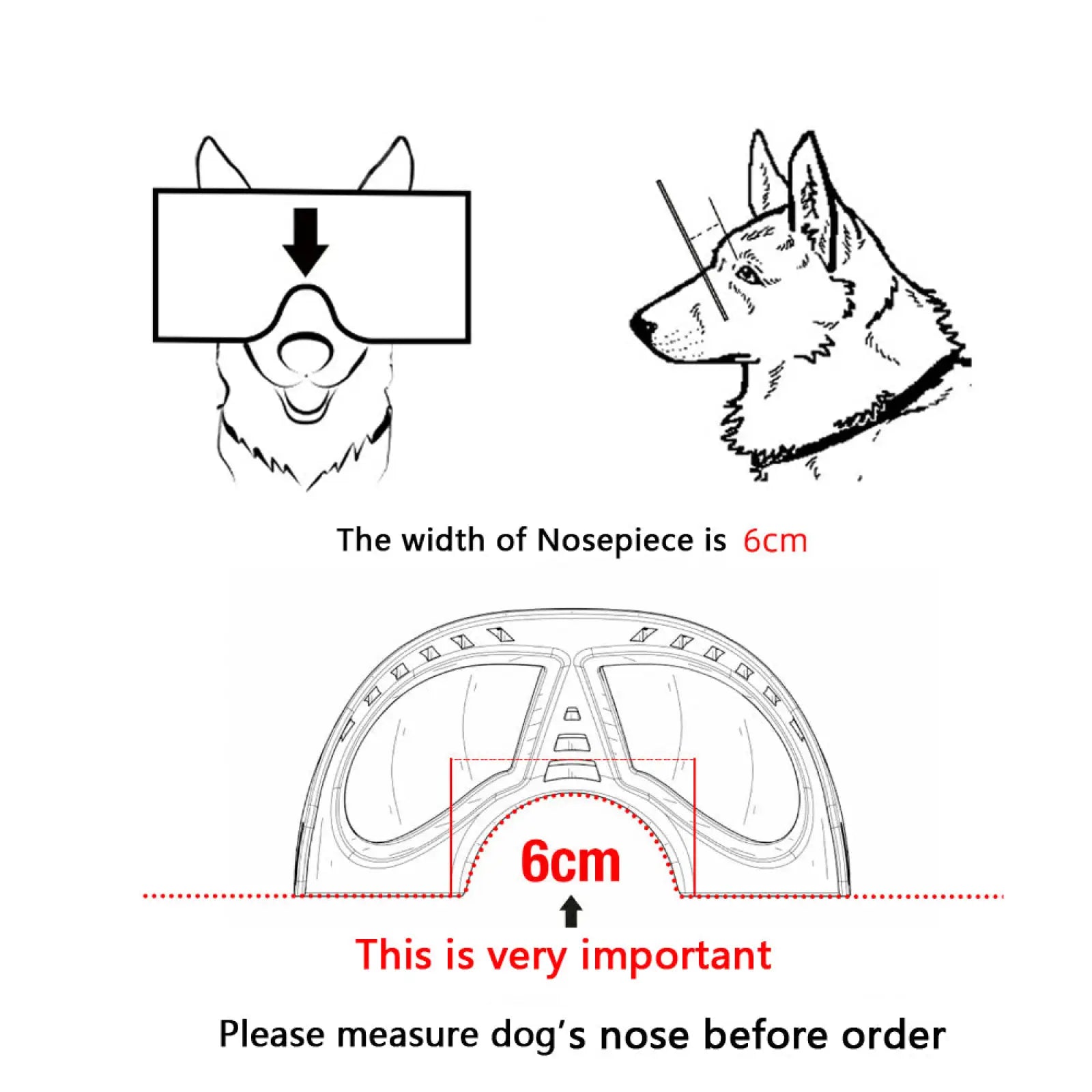 Line art of a 6cm wide nosepiece for large dog goggles with uv protection and windproof ski eyewear measurement indicators