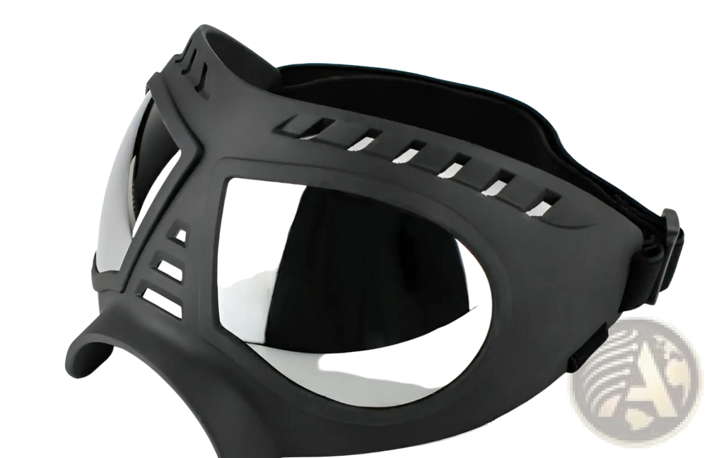 Black plastic large dog goggles with reflective silver lens ventilation slots uv protection windproof ski eyewear