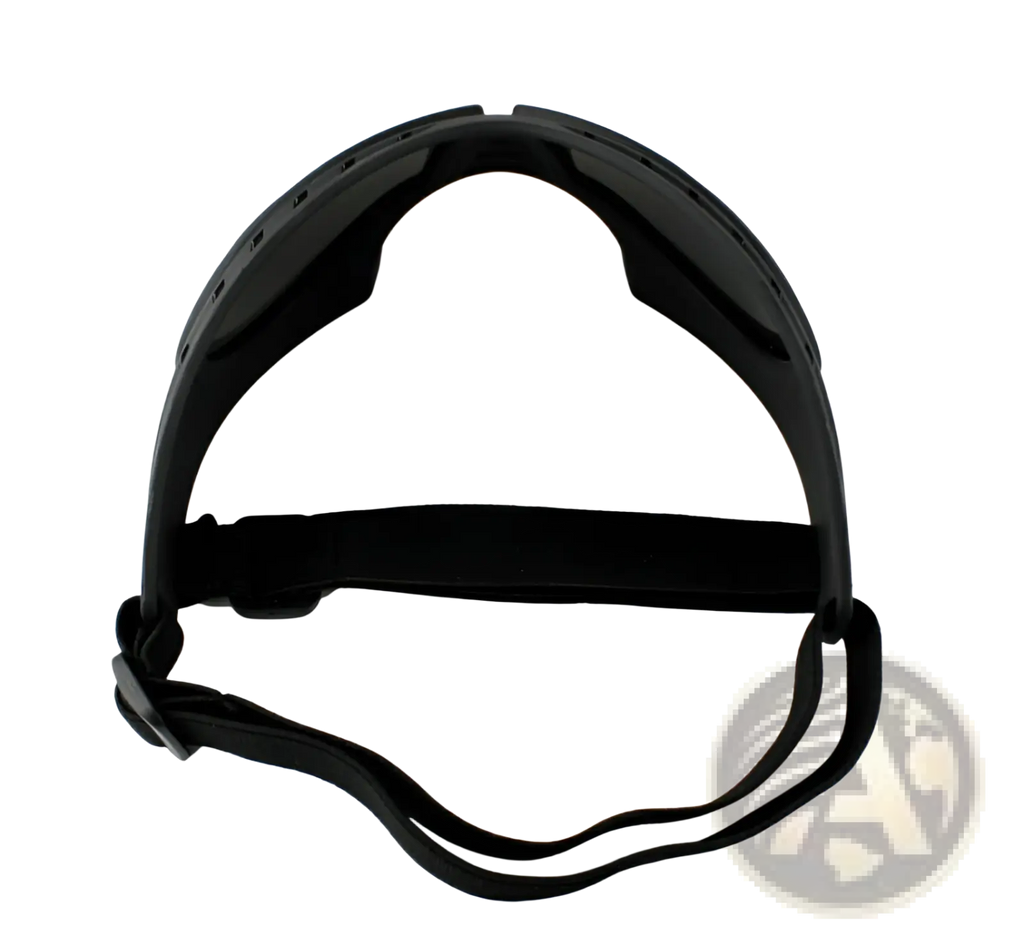 Black tactical-style large dog goggles with uv protection, windproof ski eyewear, padded adjustable strap, reinforced frame