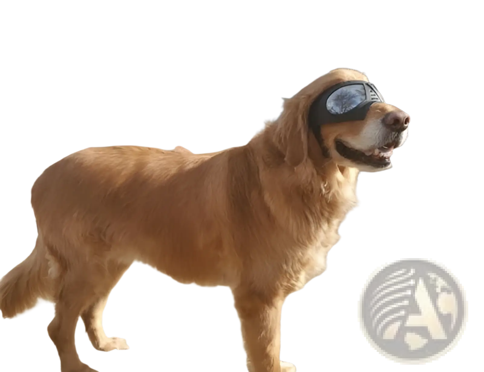 Golden retriever wearing black large dog goggles with uv protection reflective lens for windproof ski eyewear use