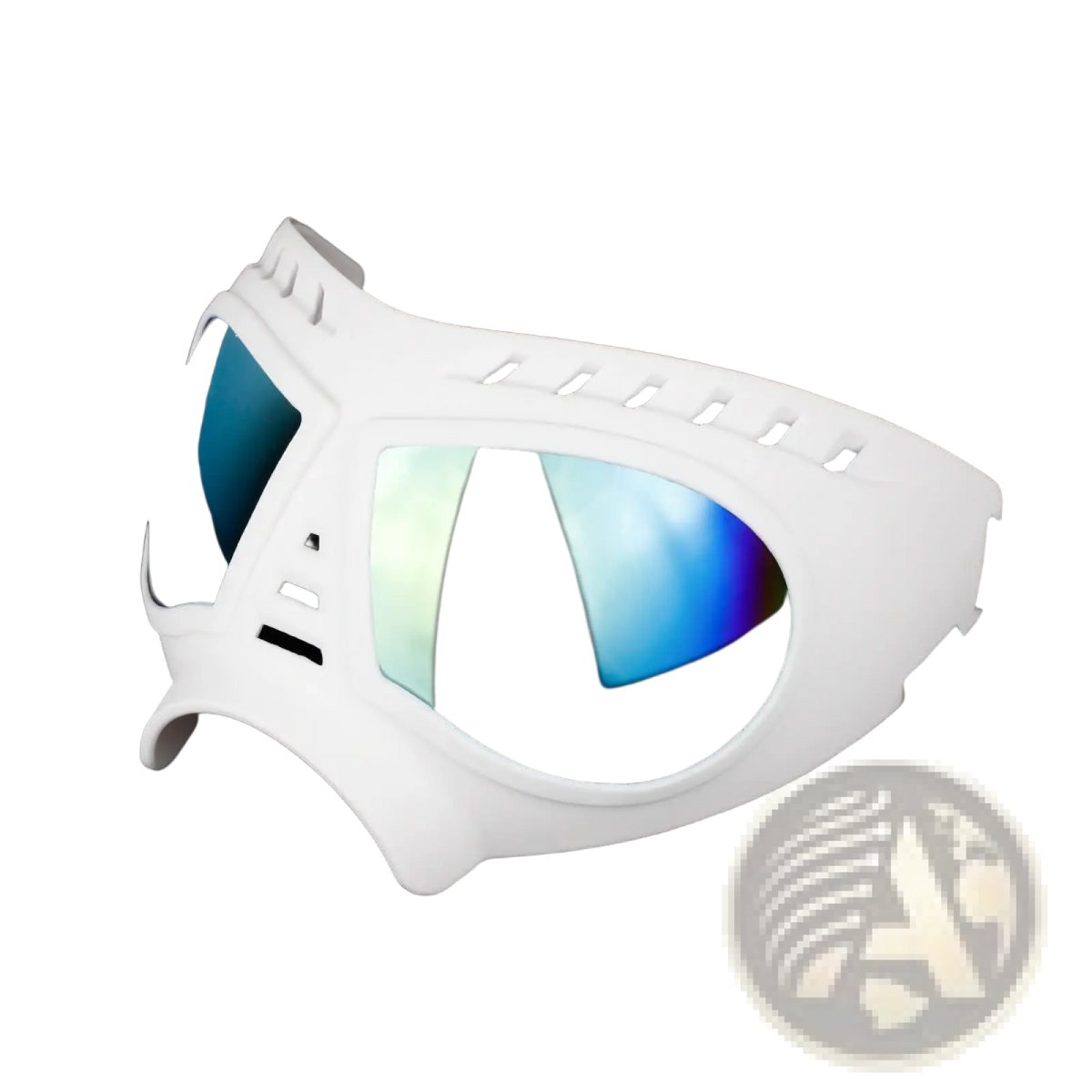 White protective large dog goggles with reflective blue and green mirrored lenses offering uv protection and windproof ski eyewear