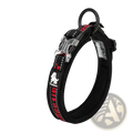 Black large dog training collar in plaid nylon with red silver reflective stitching and sturdy metal buckle by Truelove