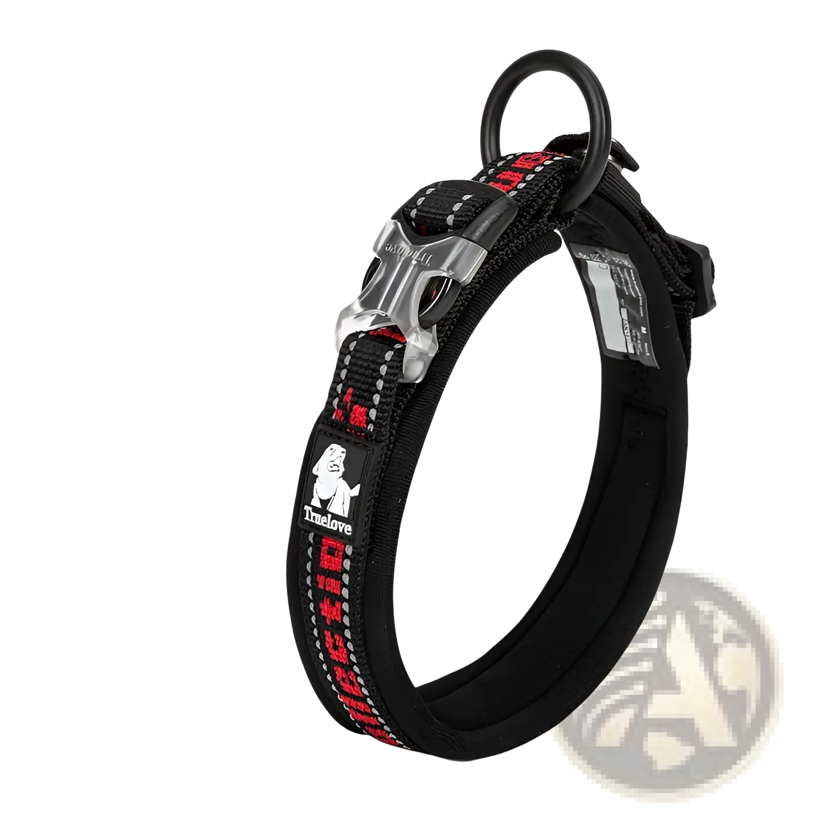 Black large dog training collar in plaid nylon with red silver reflective stitching and sturdy metal buckle by Truelove