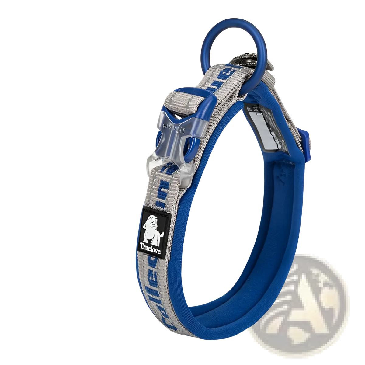 Large dog training collar with blue truelove buckle gray patterned plaid nylon strap for durable use