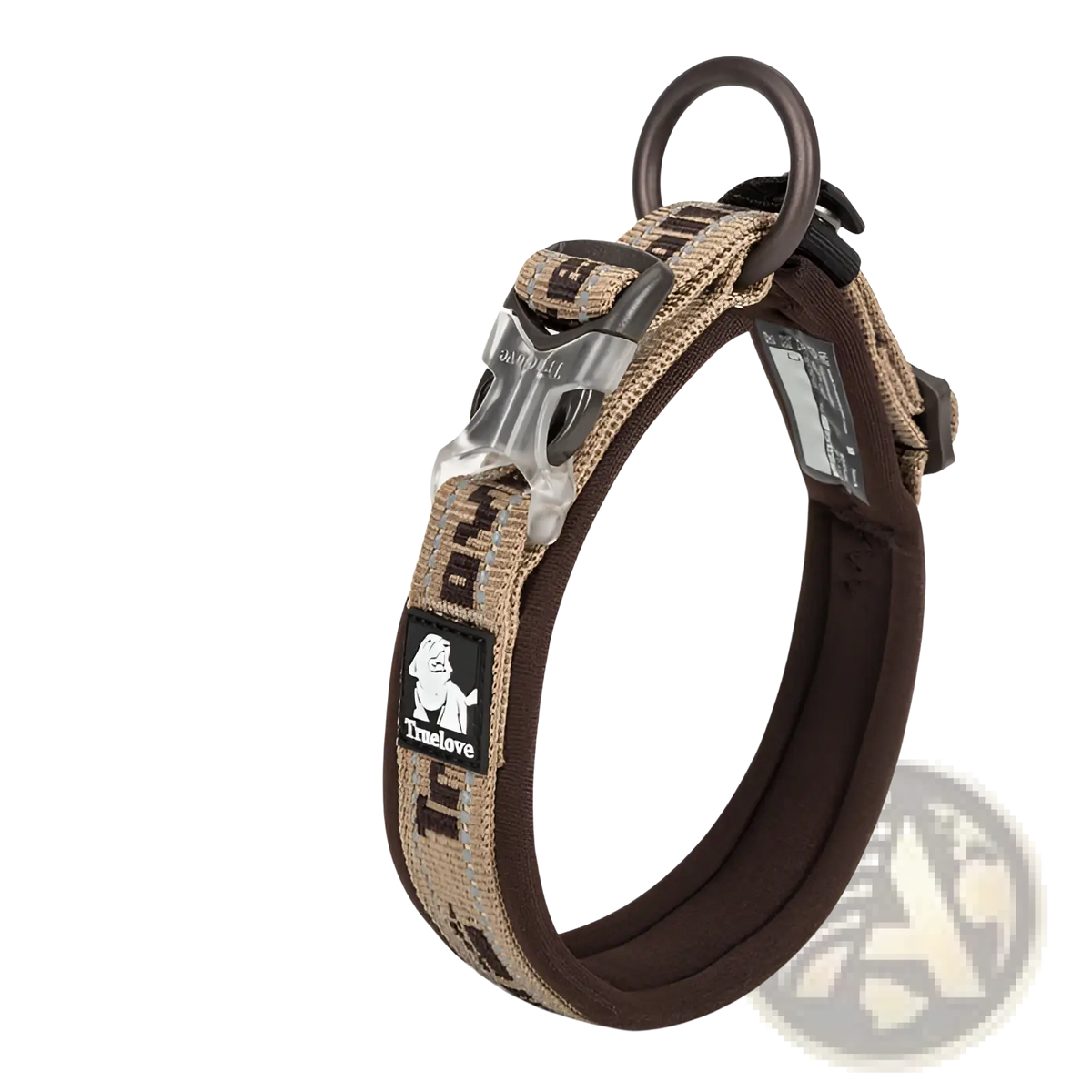 Large dog training collar plaid nylon harness with brown and beige patterned truelove design and silver metal buckle