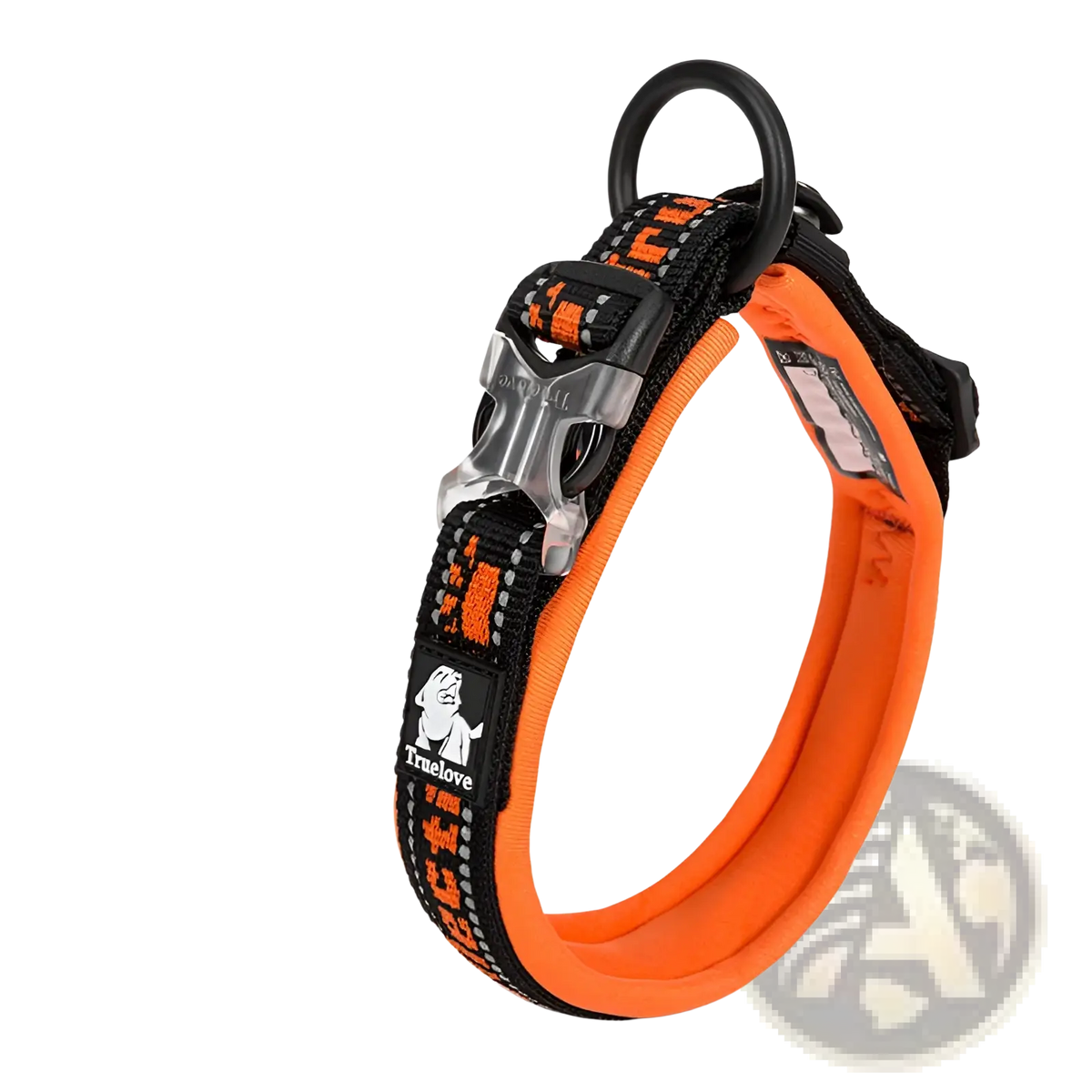 Large dog training collar woven from bright orange and black nylon with silver buckle and truelove brand logo