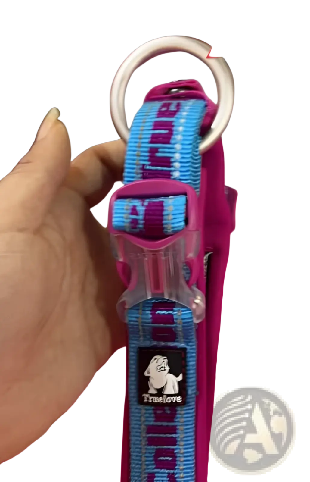 Large dog training collar plaid nylon harness in vibrant blue and pink with trustlove logo and clear plastic buckle