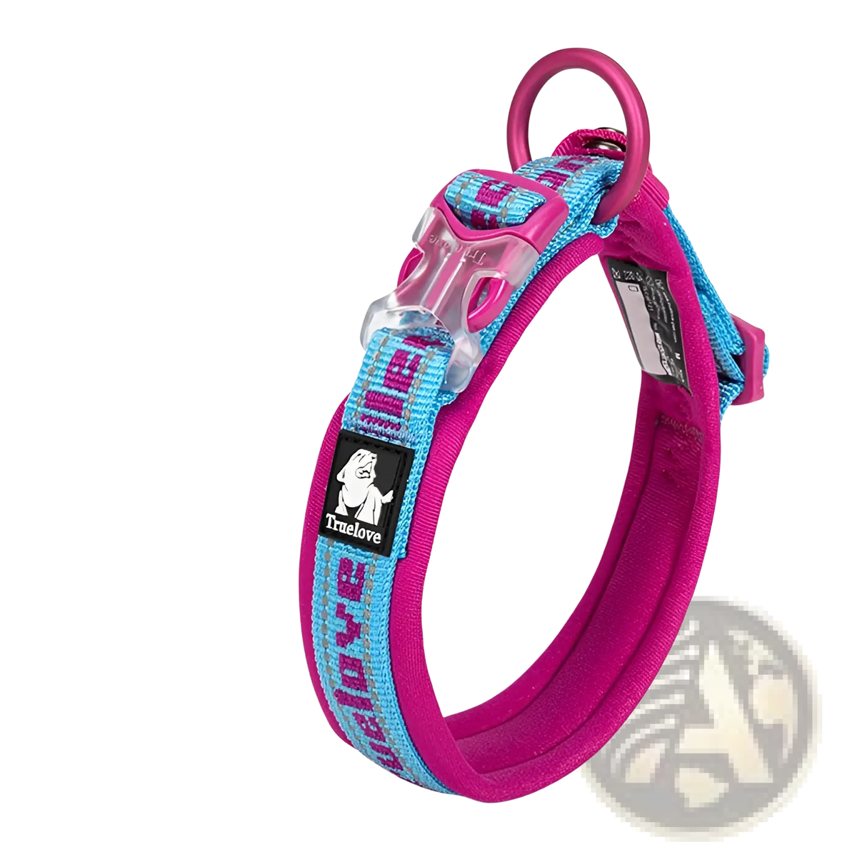 Large dog training collar plaid nylon harness in vibrant pink and turquoise with clear plastic buckle and matching metal ring