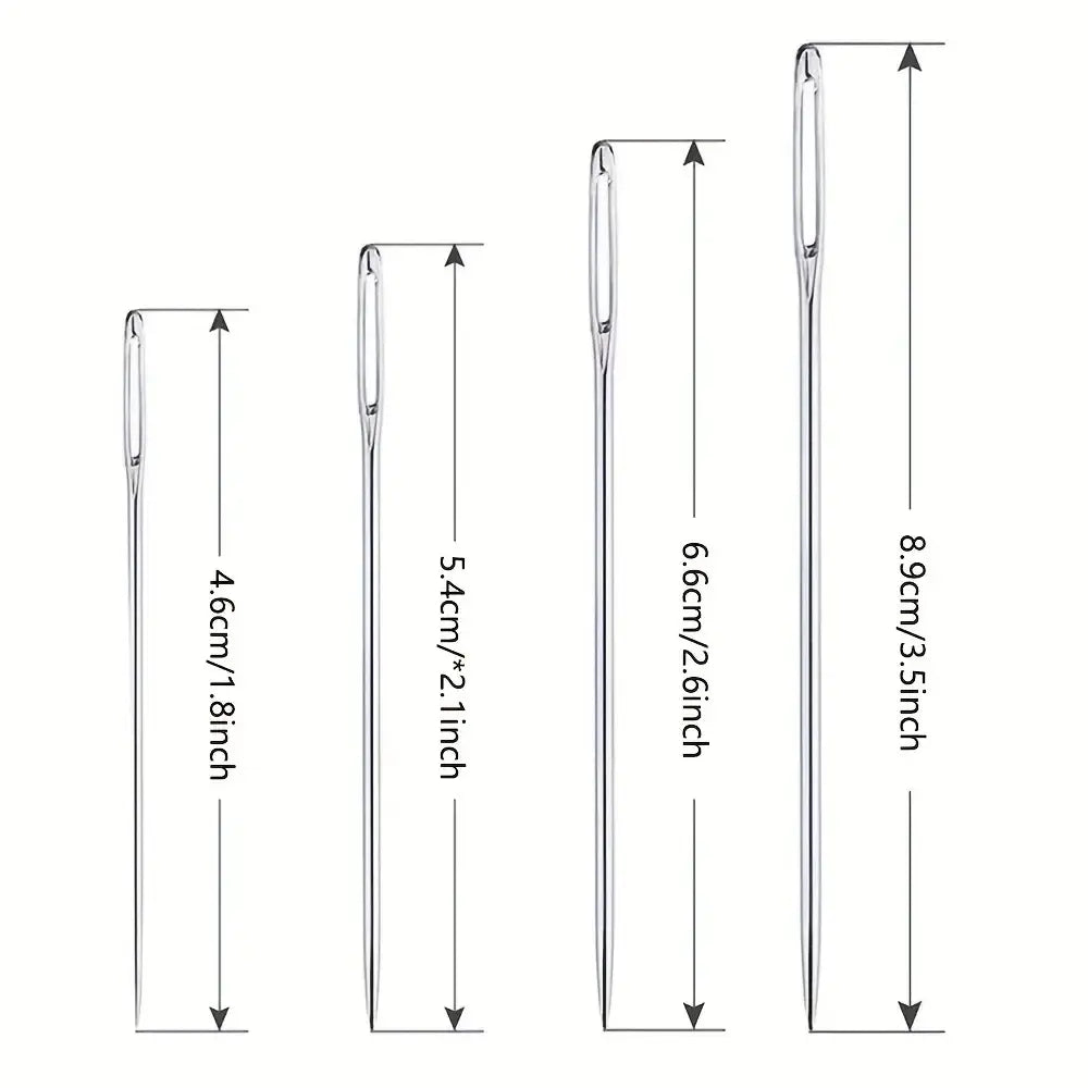 Set of four stainless steel large eye sewing needles in varying lengths with a sleek metallic finish for elderly use