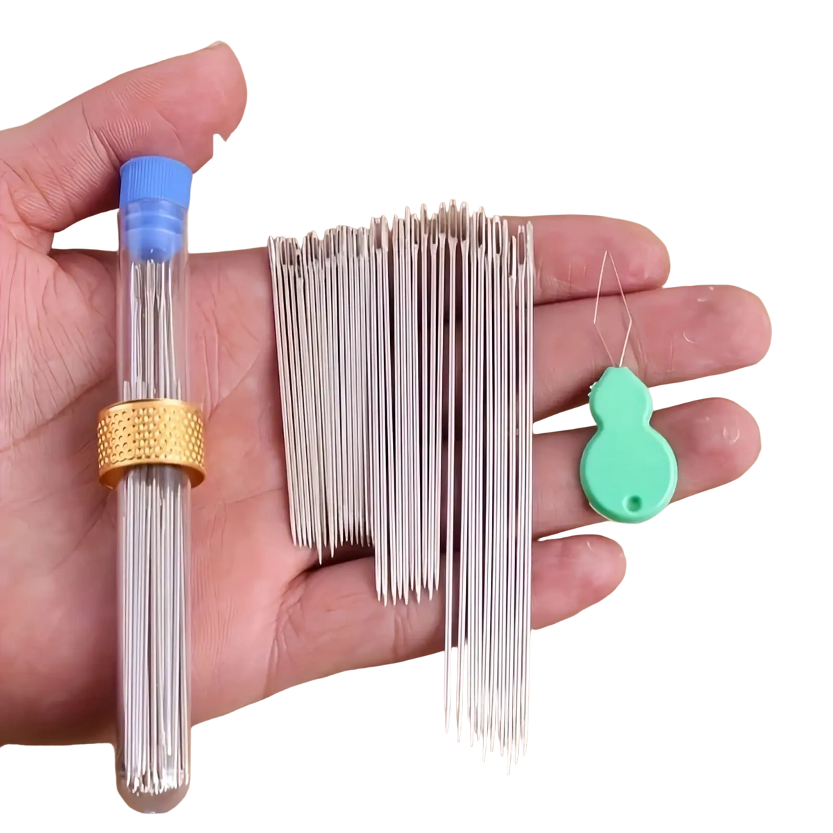 A set of silver metal large eye sewing needles with a green plastic threader in a clear tube with blue cap and gold band