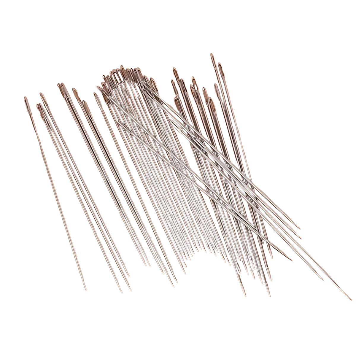 A set of slender metallic large eye sewing needles with pointed tips and smooth shafts for elderly 40 pack
