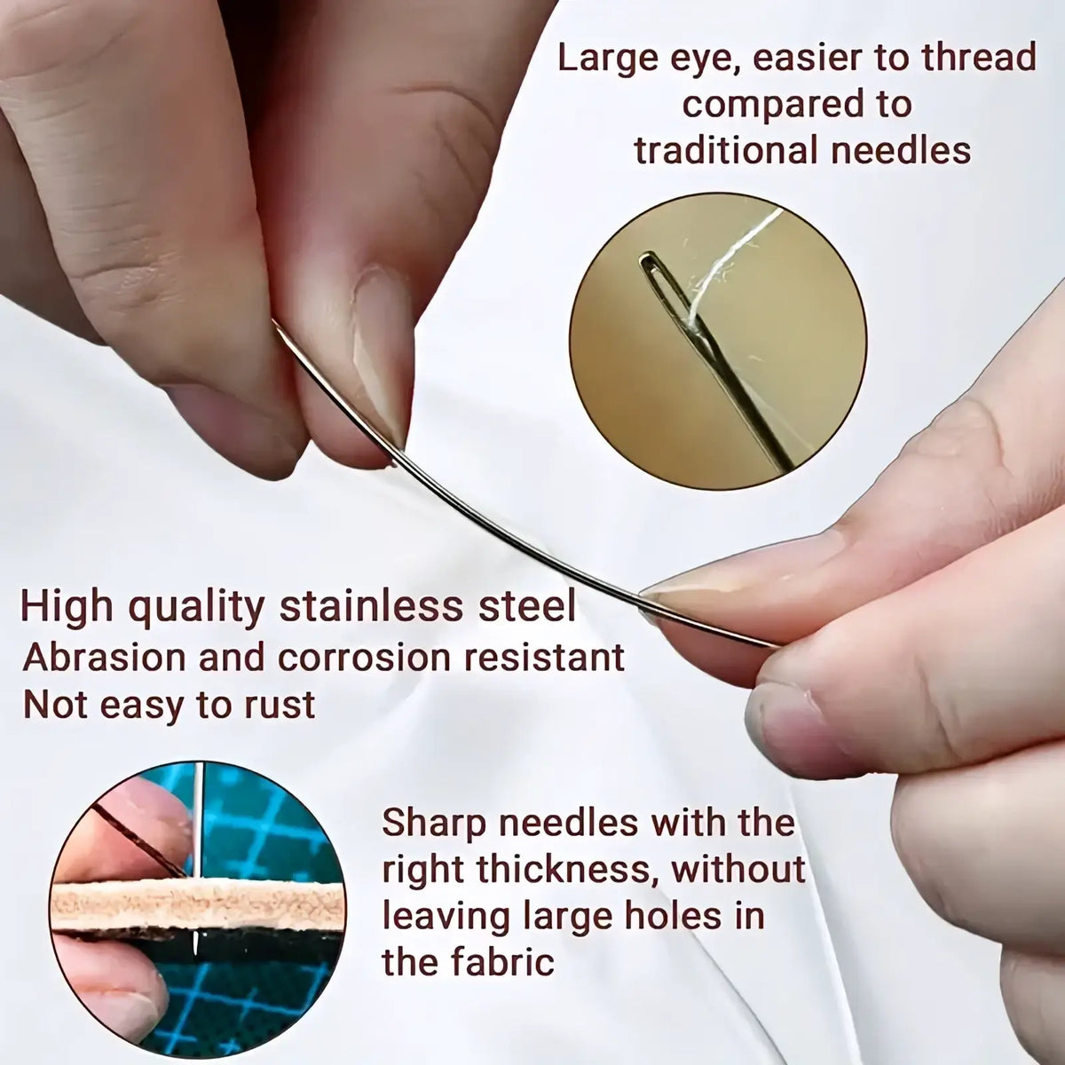 A sleek stainless steel large eye sewing needle with sharp points for easy threading and precise fabric piercing