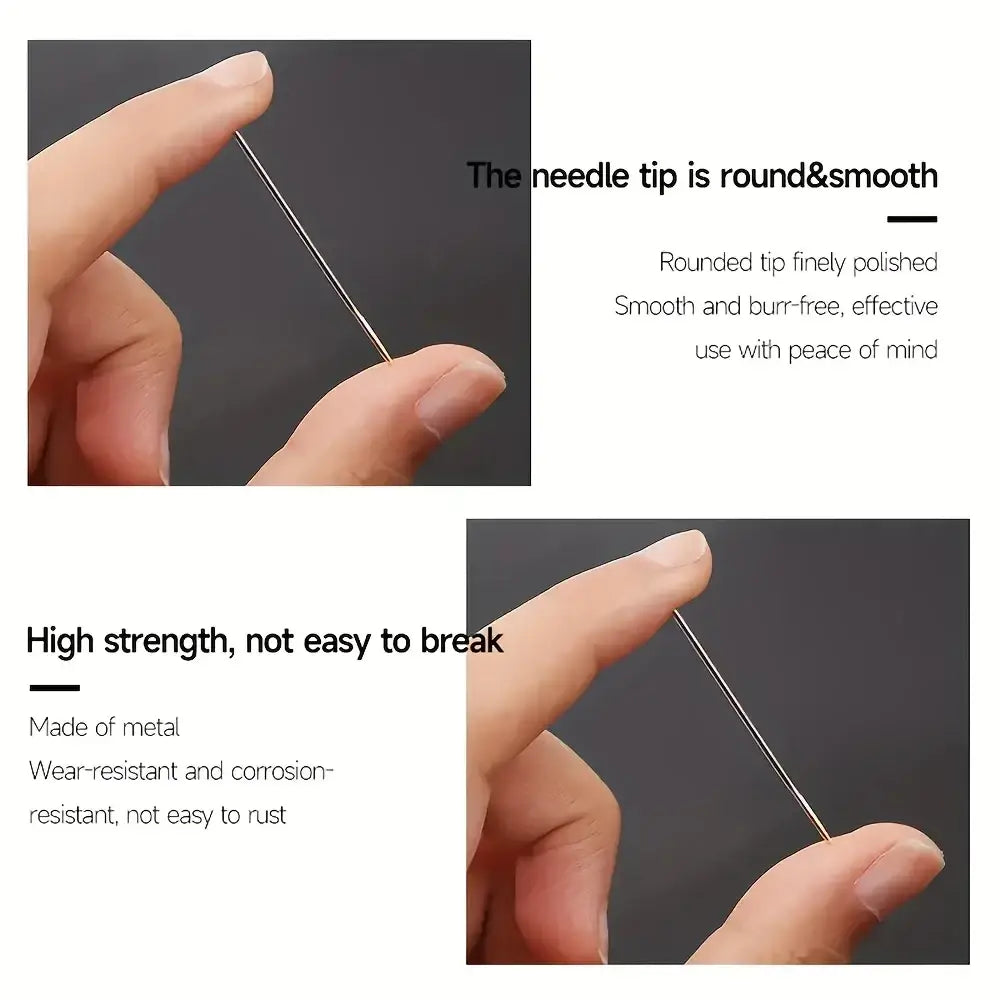 A sleek metallic large eye sewing needle with a rounded smooth tip designed for elderly users in a 40 pack
