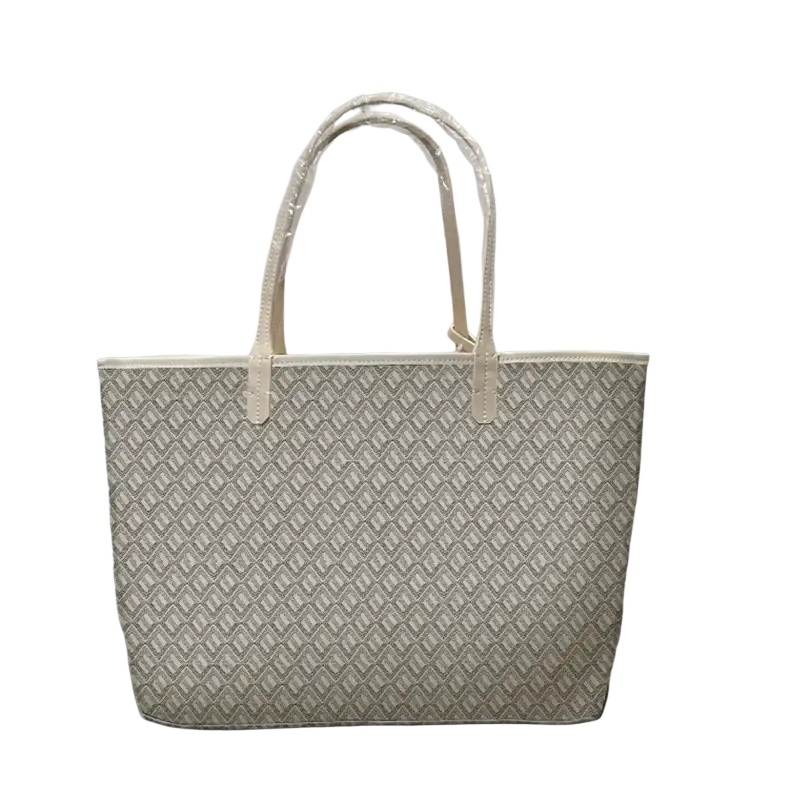 Large leather tote bag with beige and gray geometric pattern and matching handles 1-2cm shorter design
