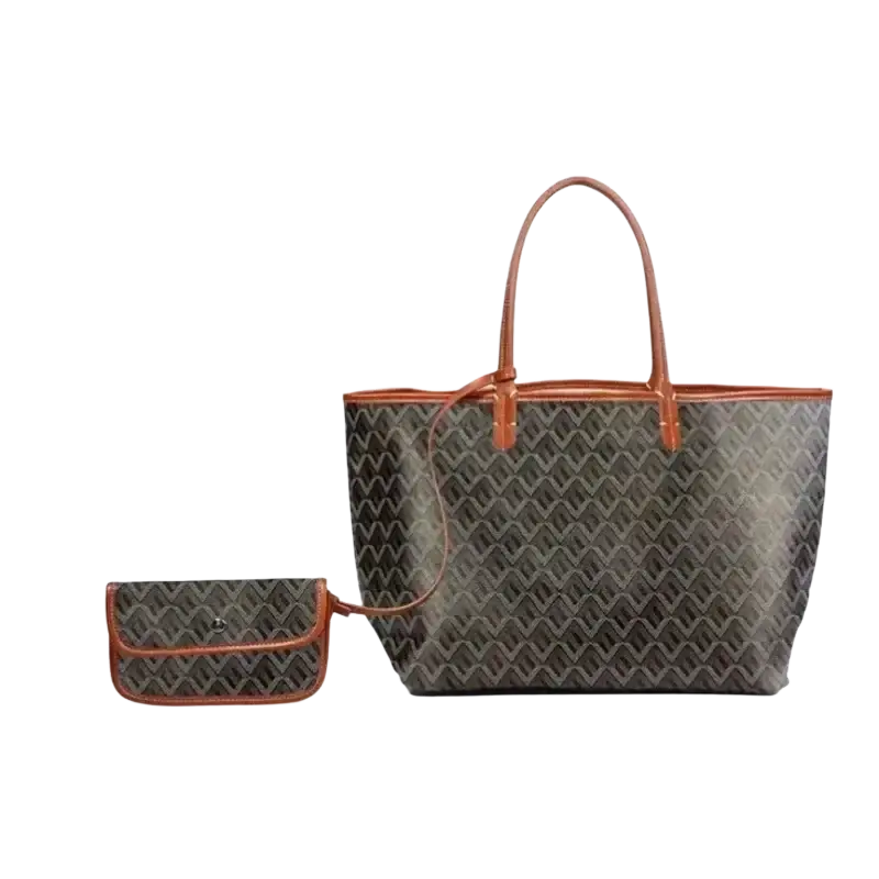 Large leather tote bag with matching clutch featuring brown and gray pattern and tan leather handles 1-2cm shorter