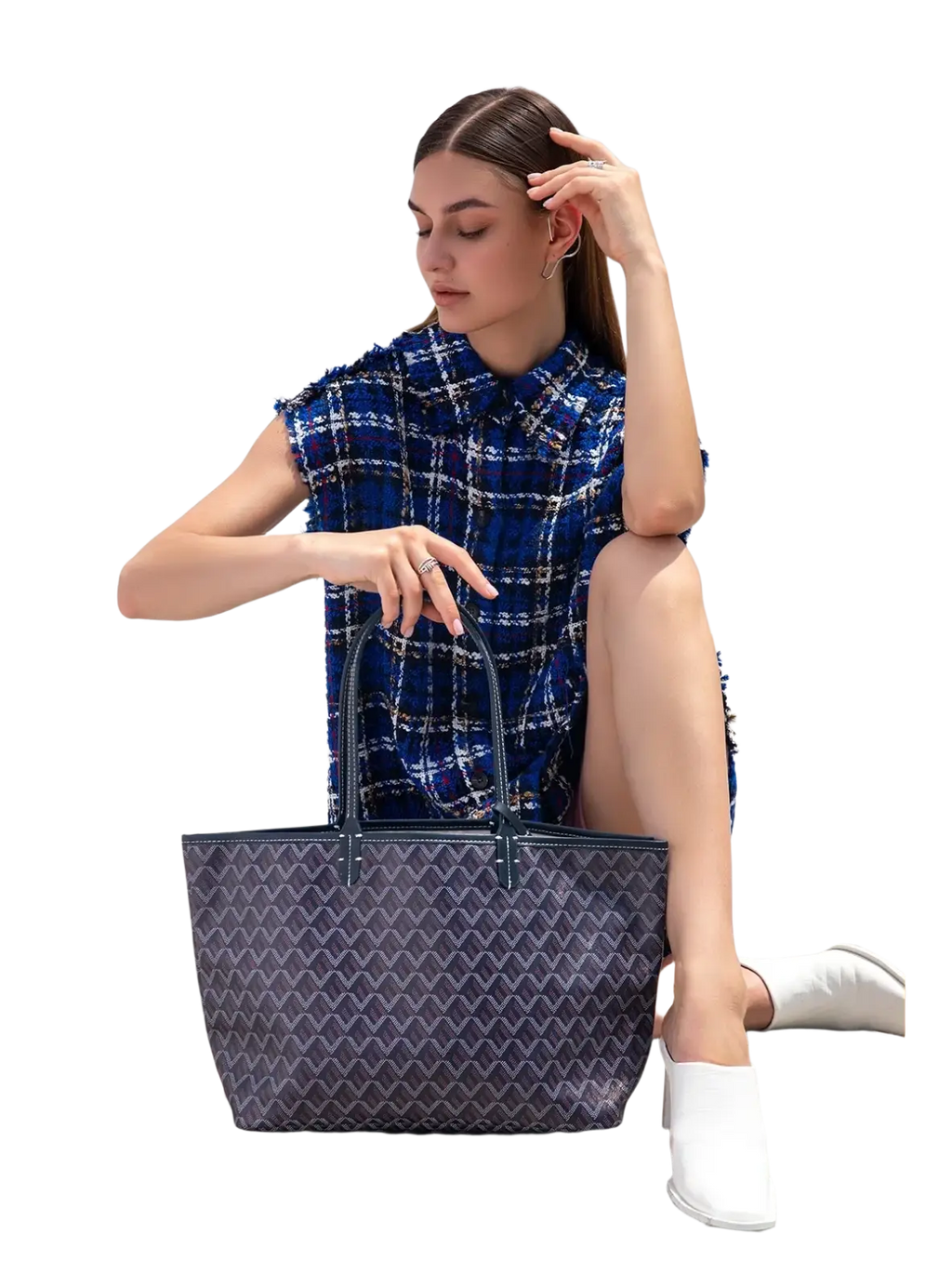 Large leather tote bag with matching clutch featuring dark gray geometric pattern and black leather handles 1-2cm shorter