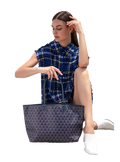 Large leather tote bag with matching clutch featuring dark gray geometric pattern and black leather handles 1-2cm shorter