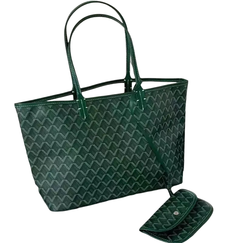 Deep green large leather tote bag with repeating geometric pattern and matching clutch 1-2cm shorter handles