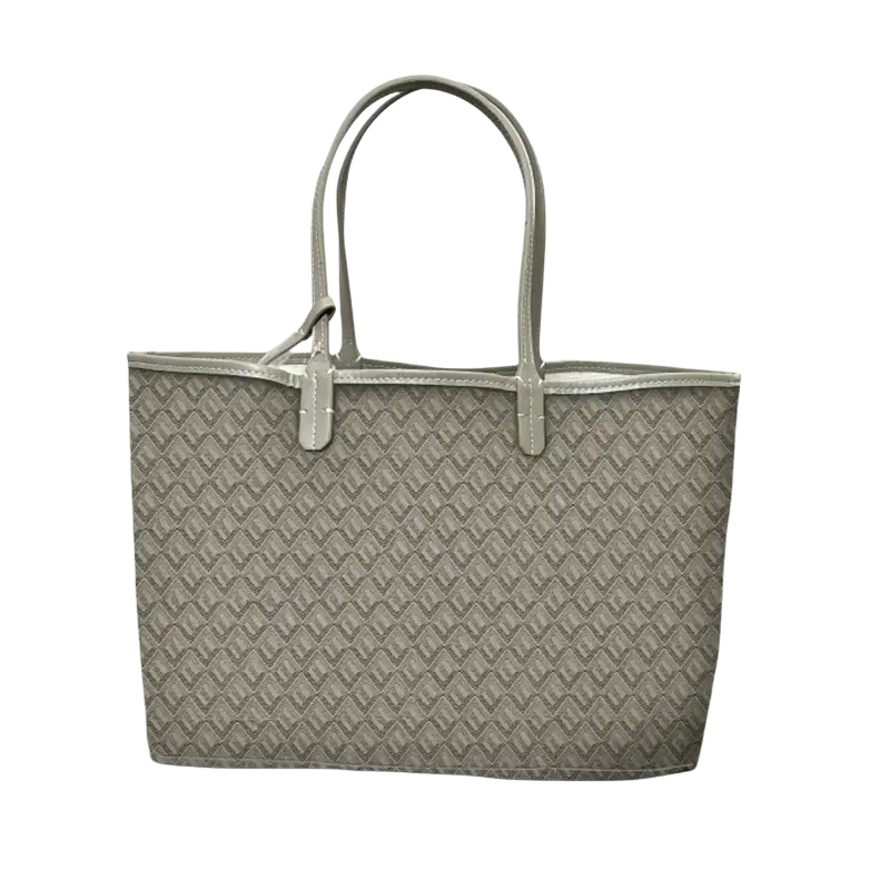Large gray leather tote bag with repeating diamond pattern and matching handles 1-2cm shorter for easy carry