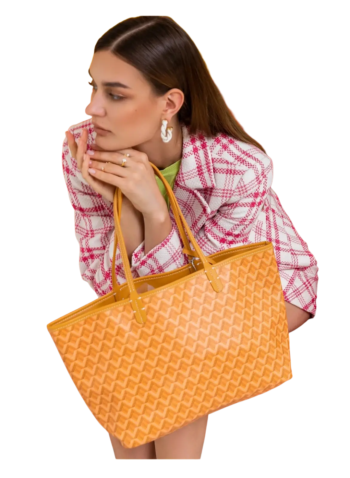 Large leather tote bag in orange with textured geometric pattern and matching handles and clutch 1-2cm shorter design